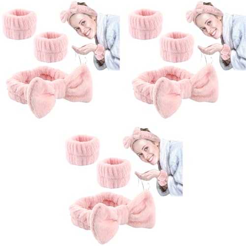 MAYCREATE® Face Wash Headband & Wristband Set, Soft Stretchy Bowknot Headband for Women Girls, Flannel Super Absorbent Sweat Wrist Towel Band for Washing Face, Makeup, Yoga, Fitness (Pink) 3 PCS MAYCREATE® Face Wash Headband & Wristband Set, Soft Stretchy Bowknot Headband for Women Girls, Flannel Super Absorbent Sweat Wrist Towel Band for Washing Face, Makeup, Yoga, Fitness (Pink) 3 PCS